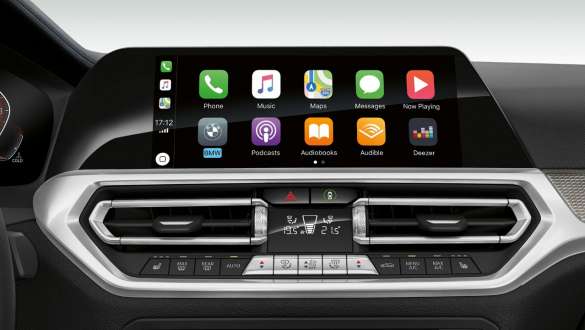 BMW 3 Series Sedan, Preparation for Apple CarPlay®. Frontal close-up of the cockpit display of the BMW 3 Series Sedan with Preparation for Apple CarPlay®.