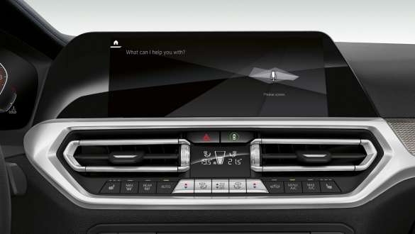 BMW 3 Series Sedan, BMW Intelligent Personal Assistant. Frontal close-up of the cockpit display of the BMW 3 Series Sedan with BMW Intelligent Personal Assistant.