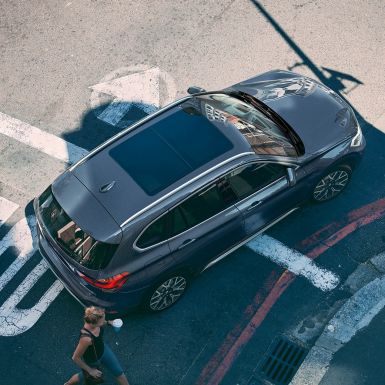 BMW X1, Panorama glass roof. BMW X1, with view of the panorama glas roof from an aerial perspective.