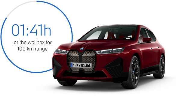 BMW iX i20 electric SUV BMW iX xDrive50 charging at home BMW iX i20 2021 electric SUV BMW iX xDrive50 Aventurin Red charging at a BMW Wallbox