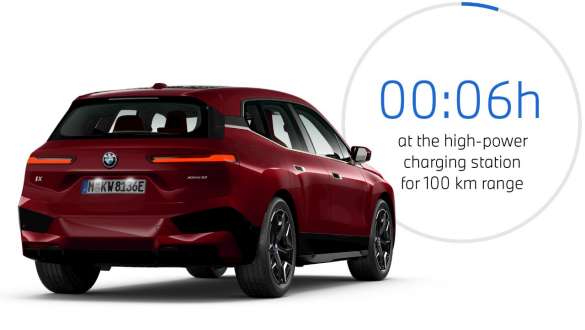 BMW iX i20 electric SUV BMW iX xDrive50 public charging BMW iX i20 2021 electric SUV BMW iX xDrive50 Aventurin Red charging at a public high power charging station