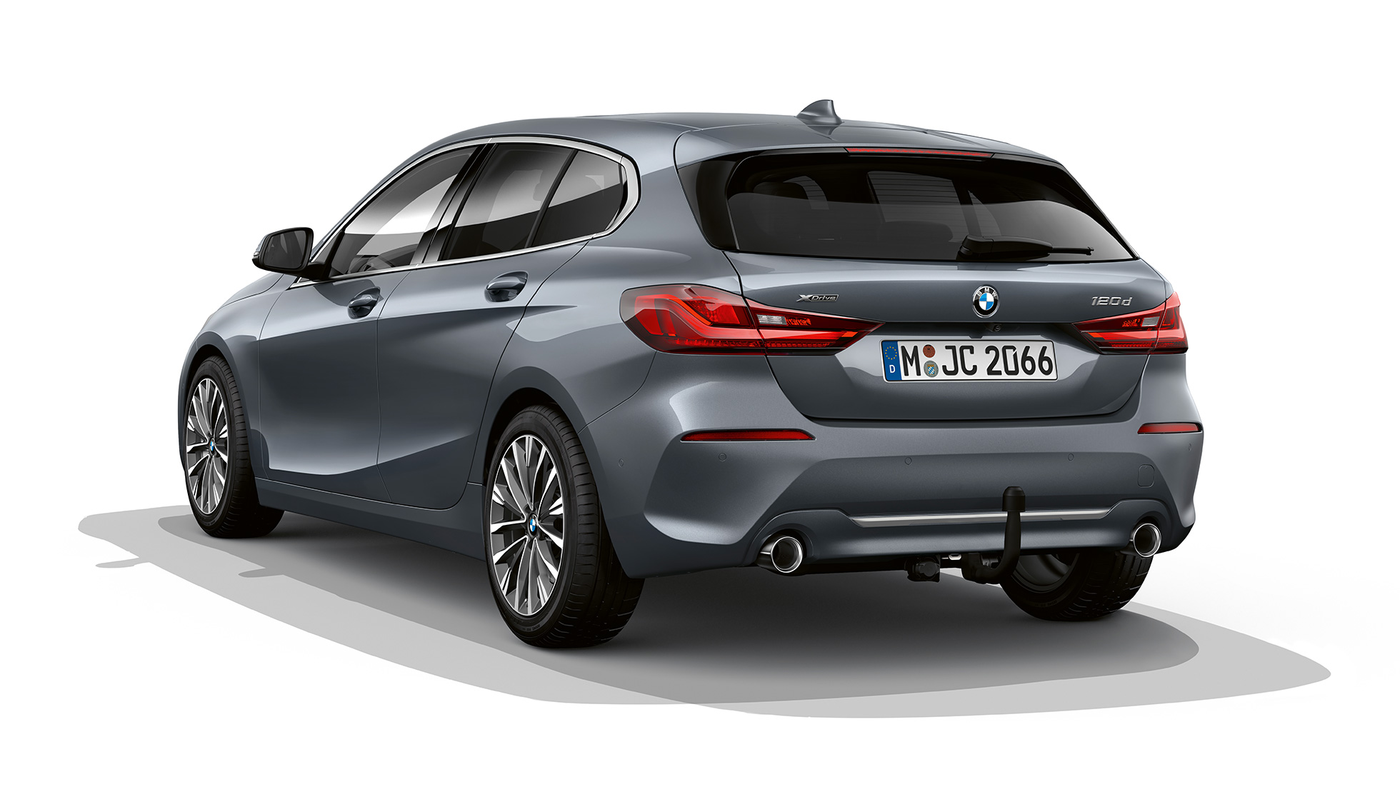 BMW 1 Series Model Luxury Line, three-quarter rear. BMW 1 Series Model Luxury Line in Storm Bay metallic, studio shot three-quarter rear.