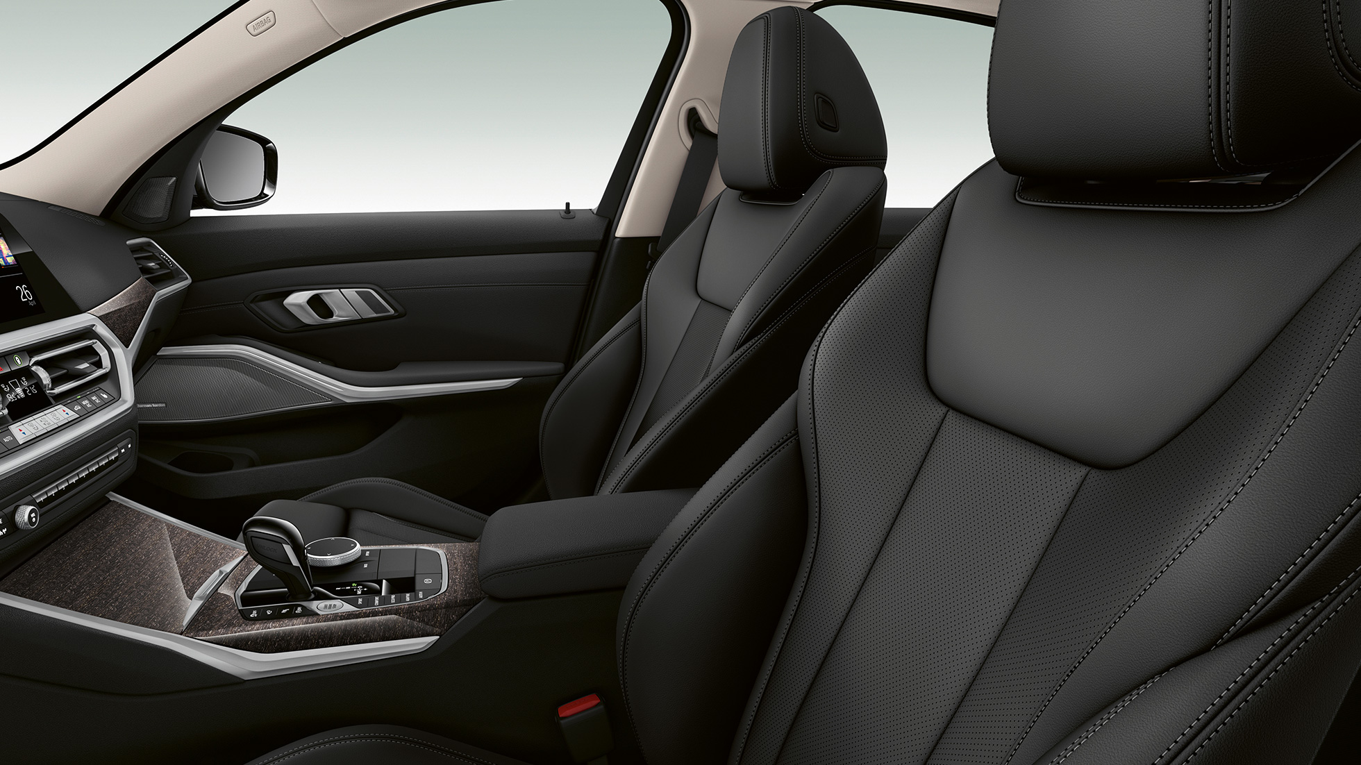 BMW 3 Series Sedan, Modell Luxury Line front seats. Side close-up of the front seats of the BMW 3 Series Sedan with Model Luxury Line features.