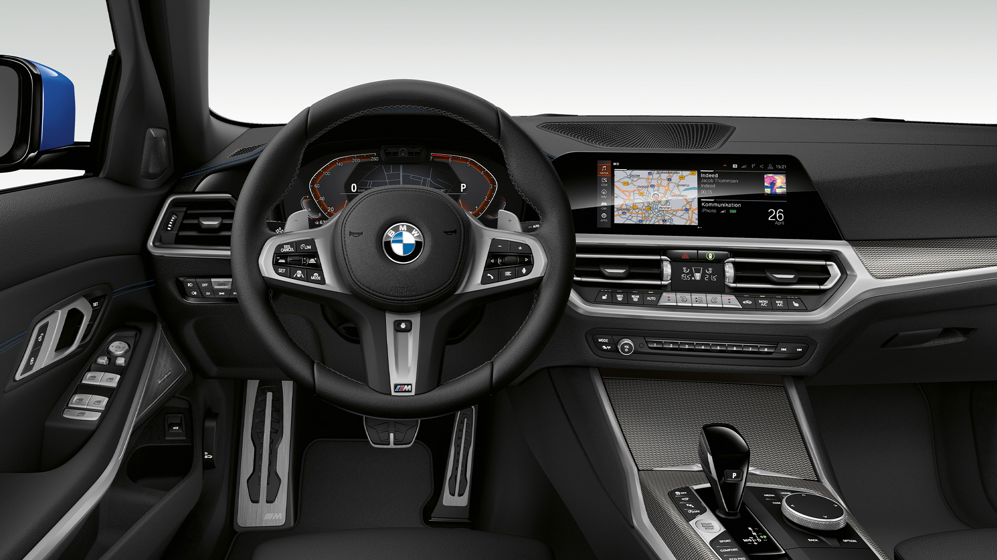 BMW 3 Series Sedan, Model M Sport Cockpit. Frontal close-up of the driver's cockpit of the BMW 3 Series Sedan with Model M Sport features.