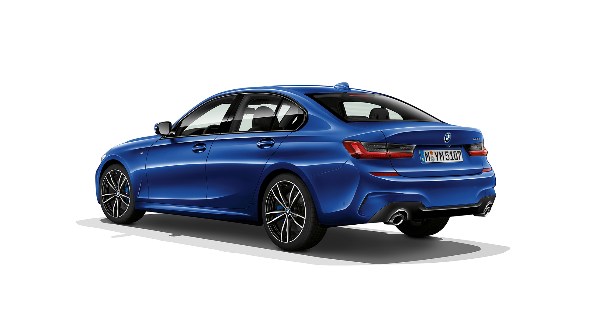 BMW 3 Series Sedan, Model M Sport rear. Three-quarter rear shot of the BMW 3 Series Sedan with Model M Sport features.