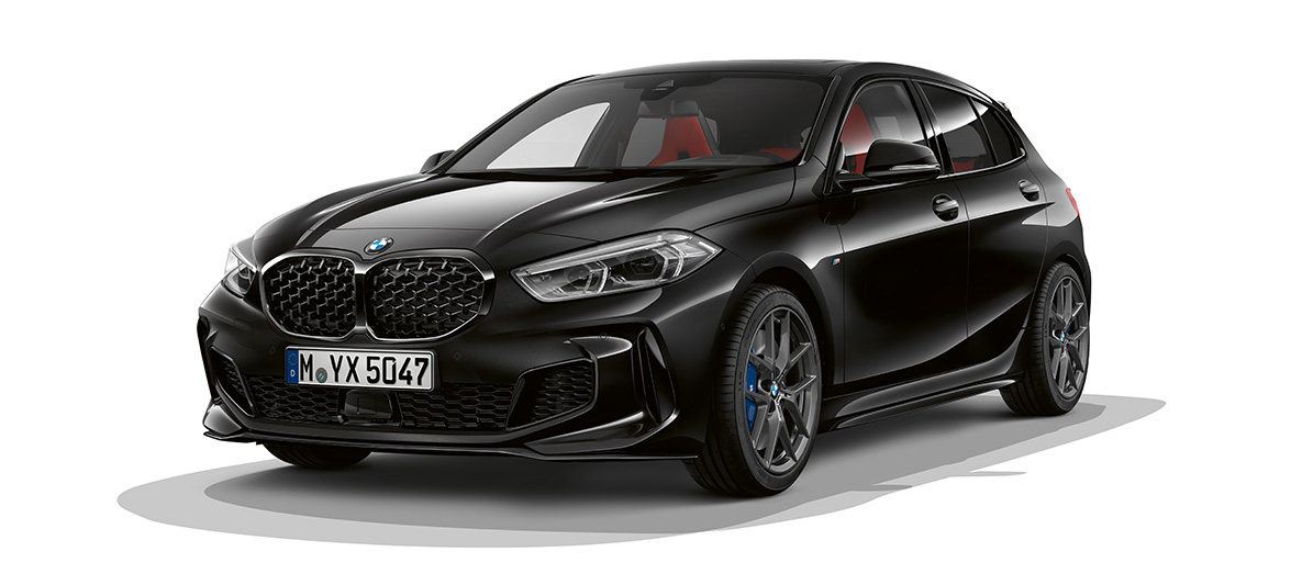 BMW M135i xDrive (F40) M Performance package BMW M135i xDrive (F40) in Black Sapphire metallic with M Performance package three-quarter front view