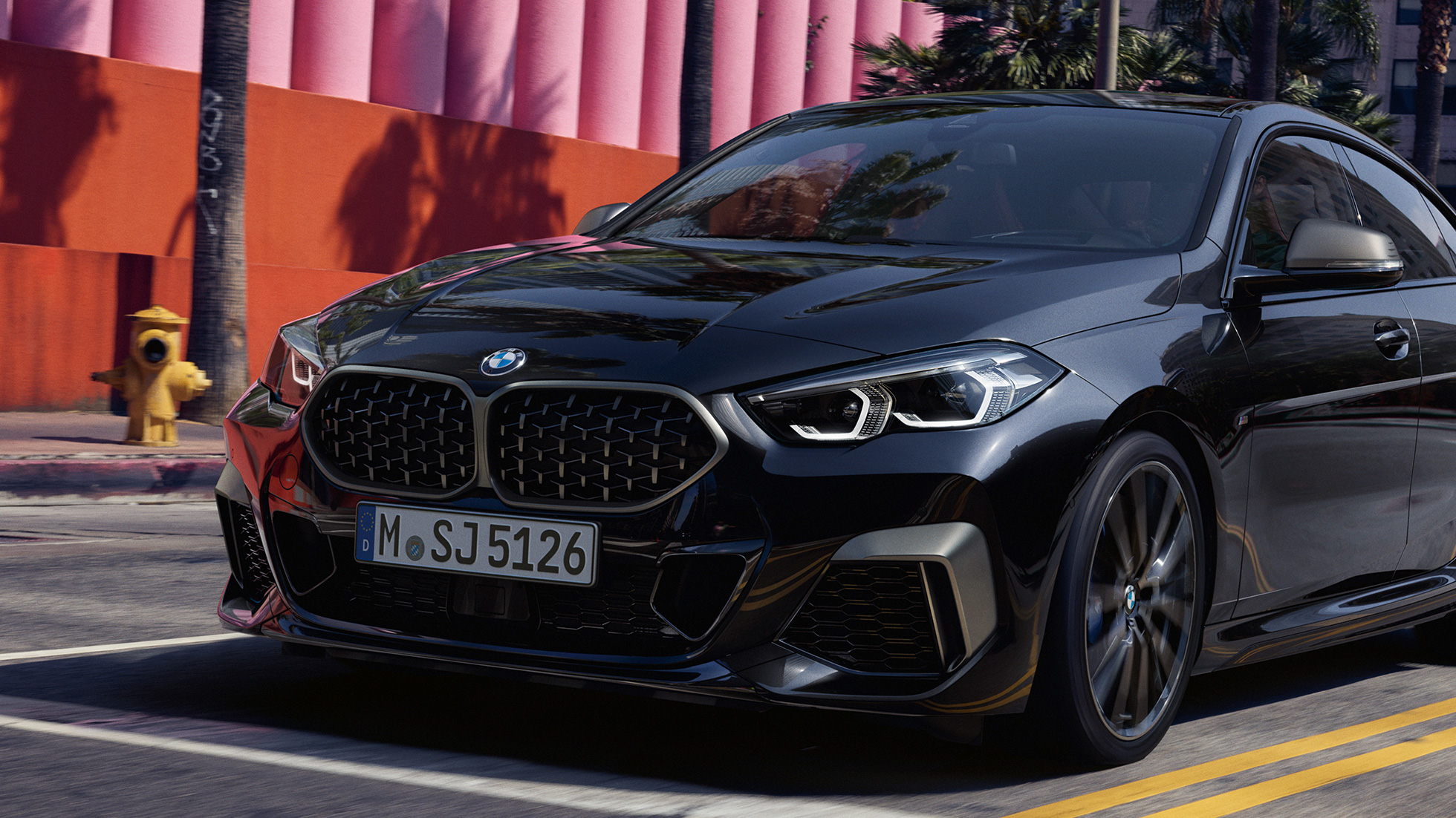 Front design BMW M235i xDrive Gran Coupé Front design BMW M235i xDrive Gran Coupé 2020 Black Sapphire metallic F44 three-quarter front view