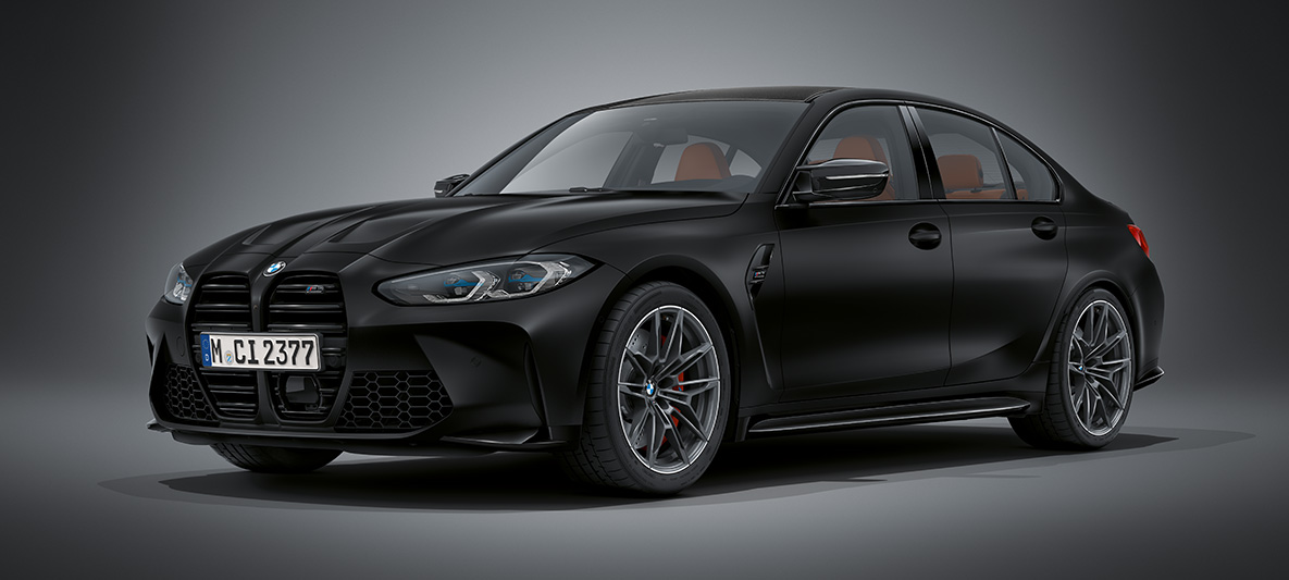BMW Individual Frozen Black metallic BMW M3 Sedan G80 2020 BMW M3 Sedan BMW Individual Frozen Black metallic G80 2020 three-quarter front view standing