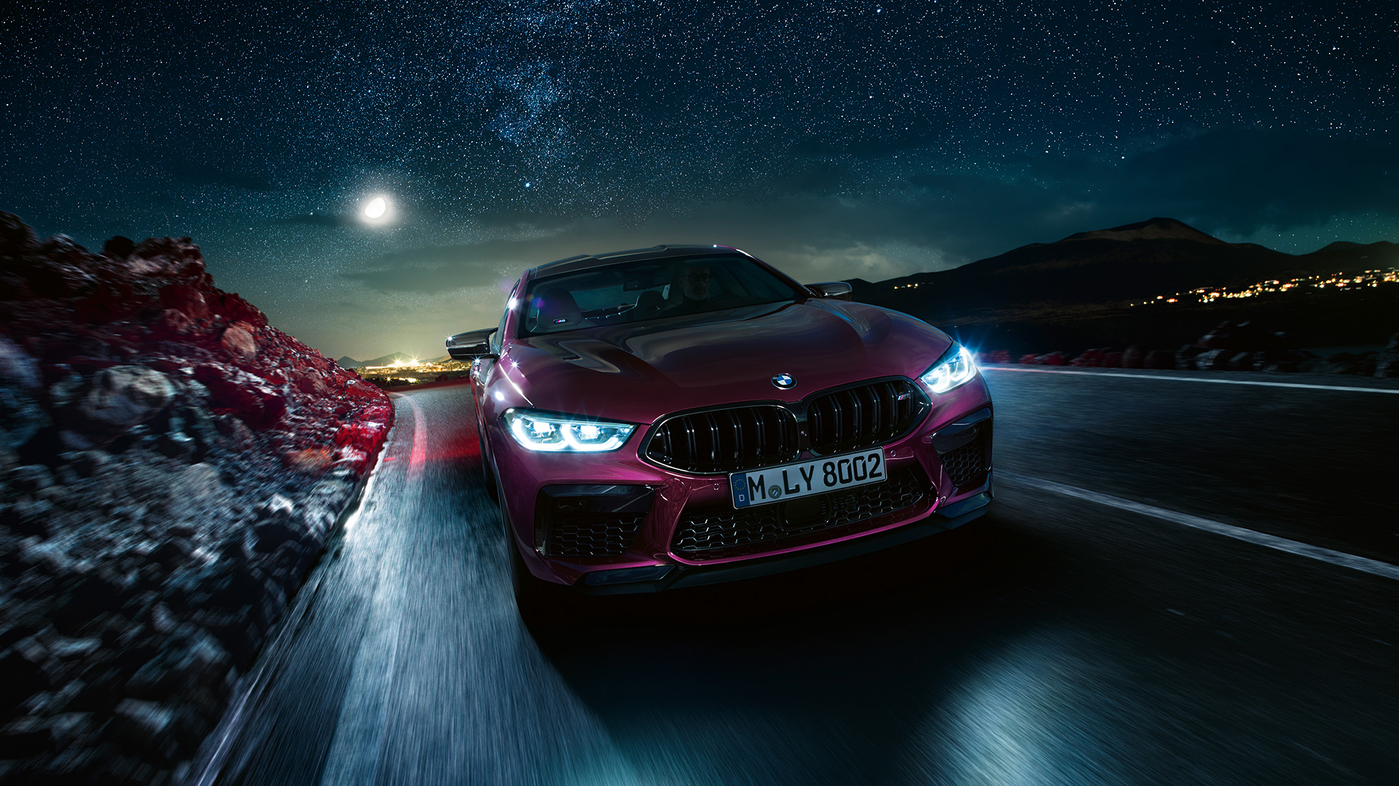 BMW M8 Competition Gran Coupé front view driving BMW M8 Competition Gran Coupé F93 2020 BMW Individual Ametrine metallic front view driving