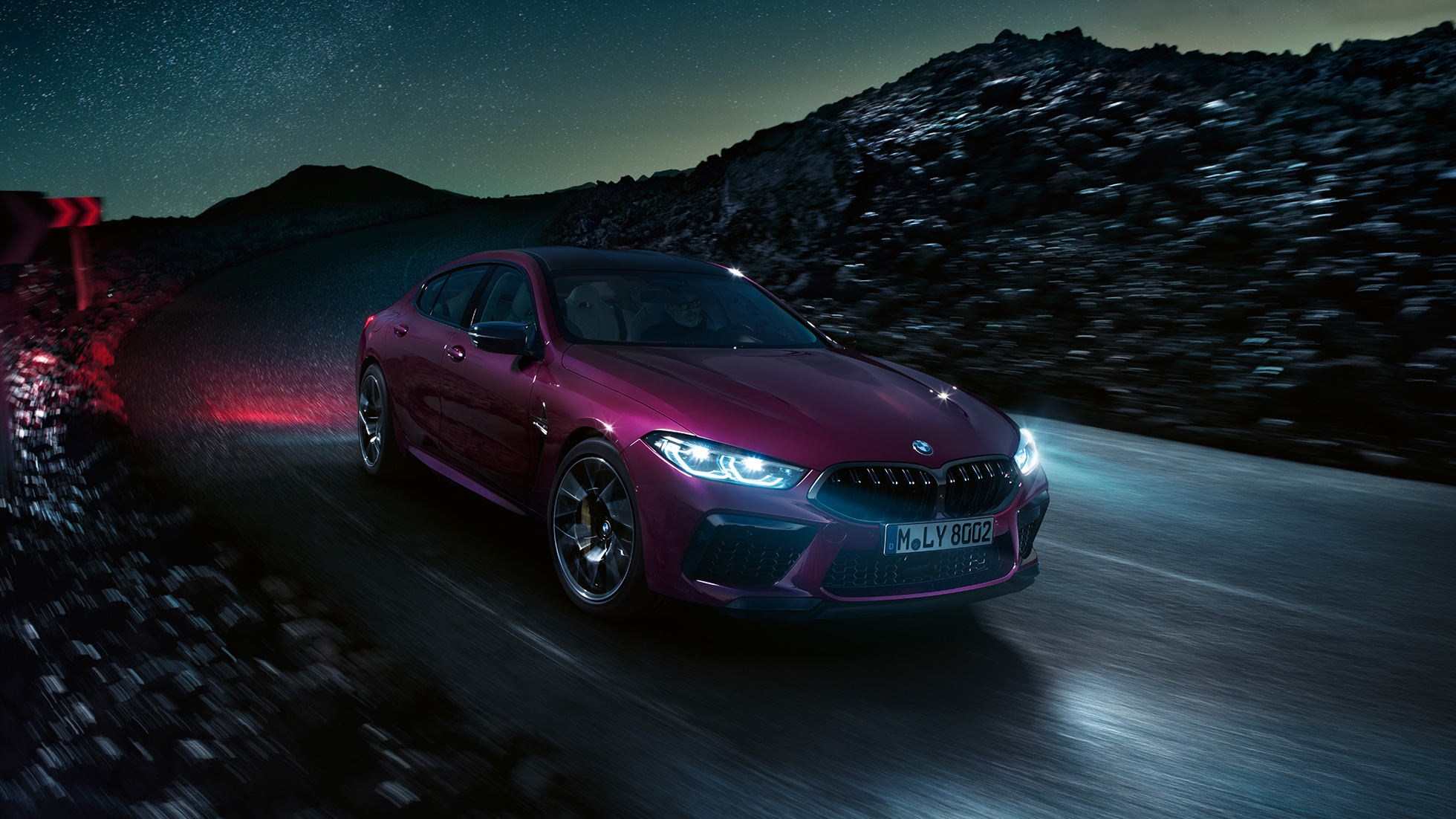 BMW M8 Competition Gran Coupé three-quarter front view BMW M8 Competition Gran Coupé F93 2020 BMW Individual Ametrine metallic three-quarter front view
