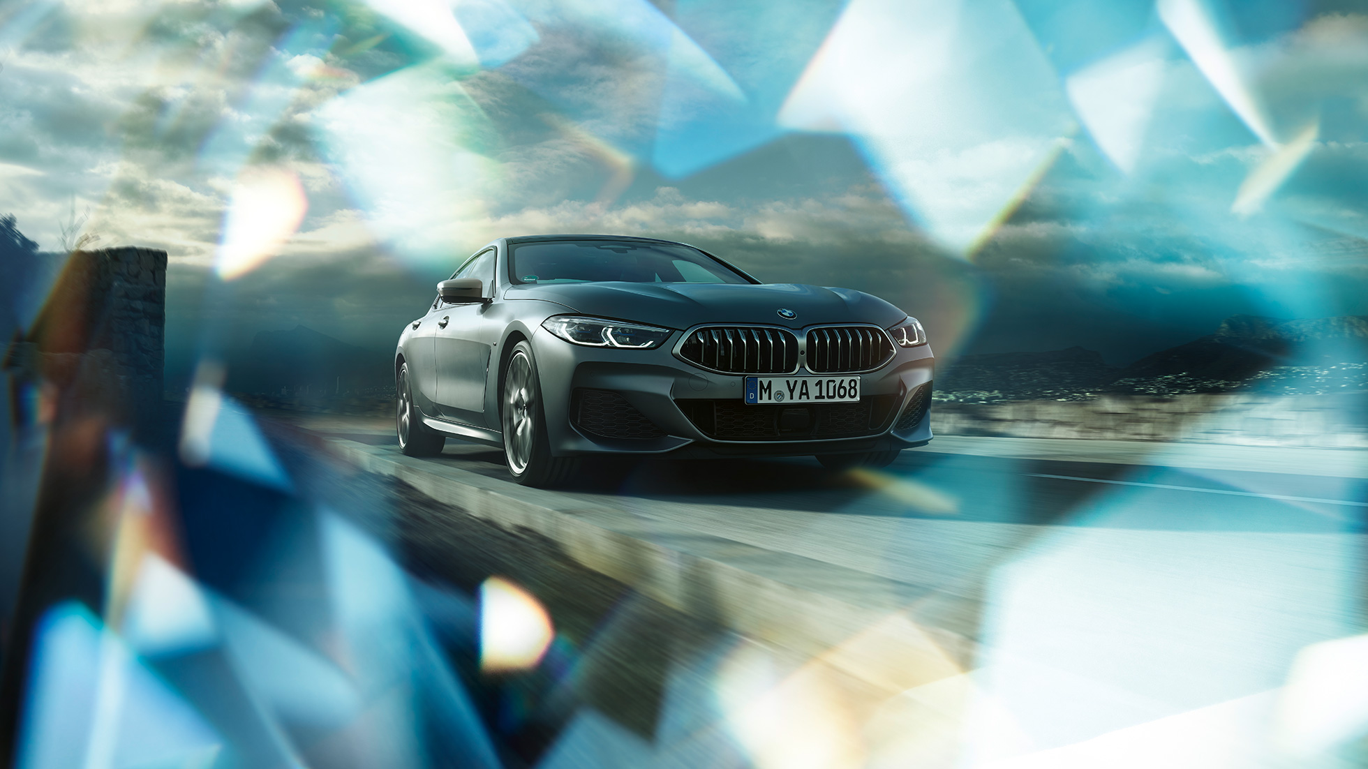 BMW M850i xDrive Gran Coupé three-quarter front view BMW M850i xDrive Gran Coupé G16 2019 BMW Individual Frozen Bluestone metallic three-quarter front view