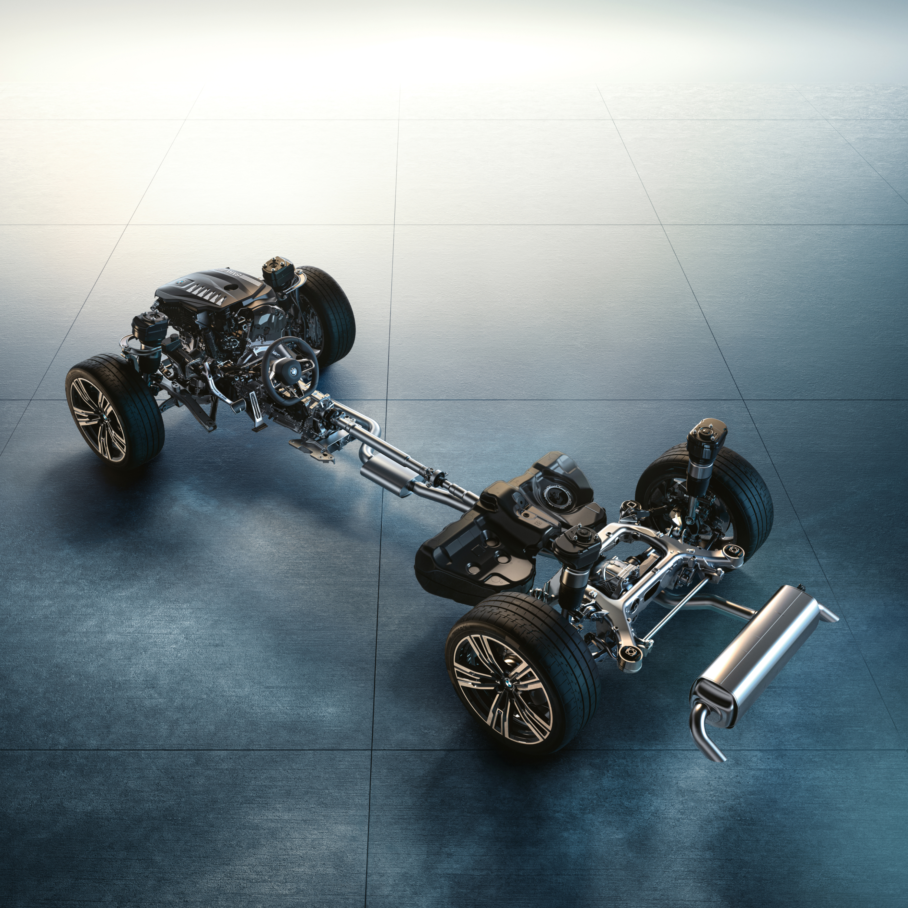 The chassis of a BMW is shown in detail 