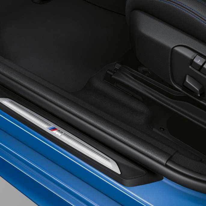 Door sill finishers BMW 2 Series Gran Tourer 220d xDrive Model M Sport F46 2018 Estoril Blue metallic close-up view 
